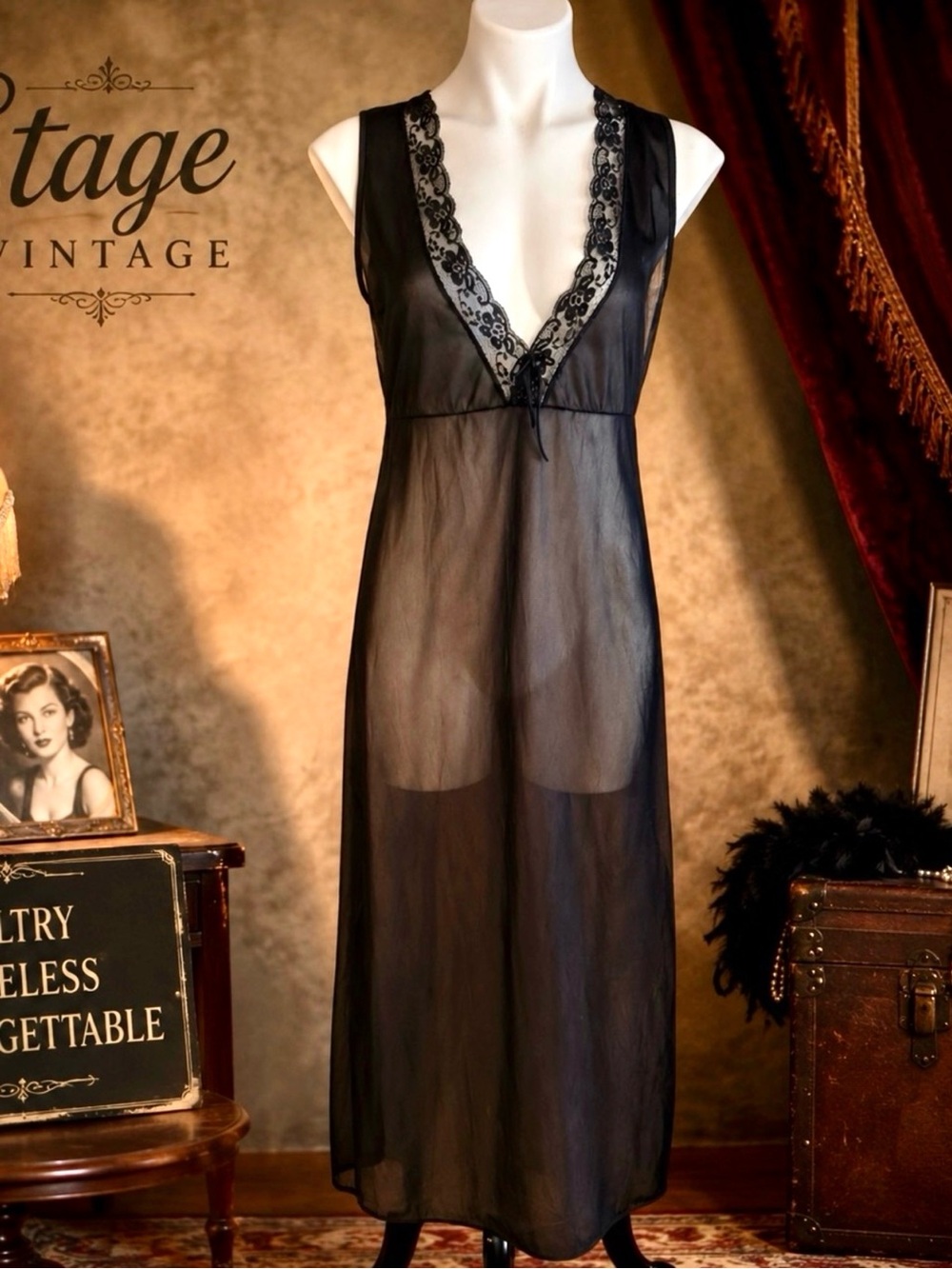 Glencroft Black Nylon Lace V-Neck Maxi Nightgown Vintage 60s M
